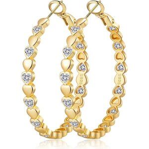 14k Gold Plated 30mm Heart Cubic Zirconia Rhinestone Hoop Earring for Women